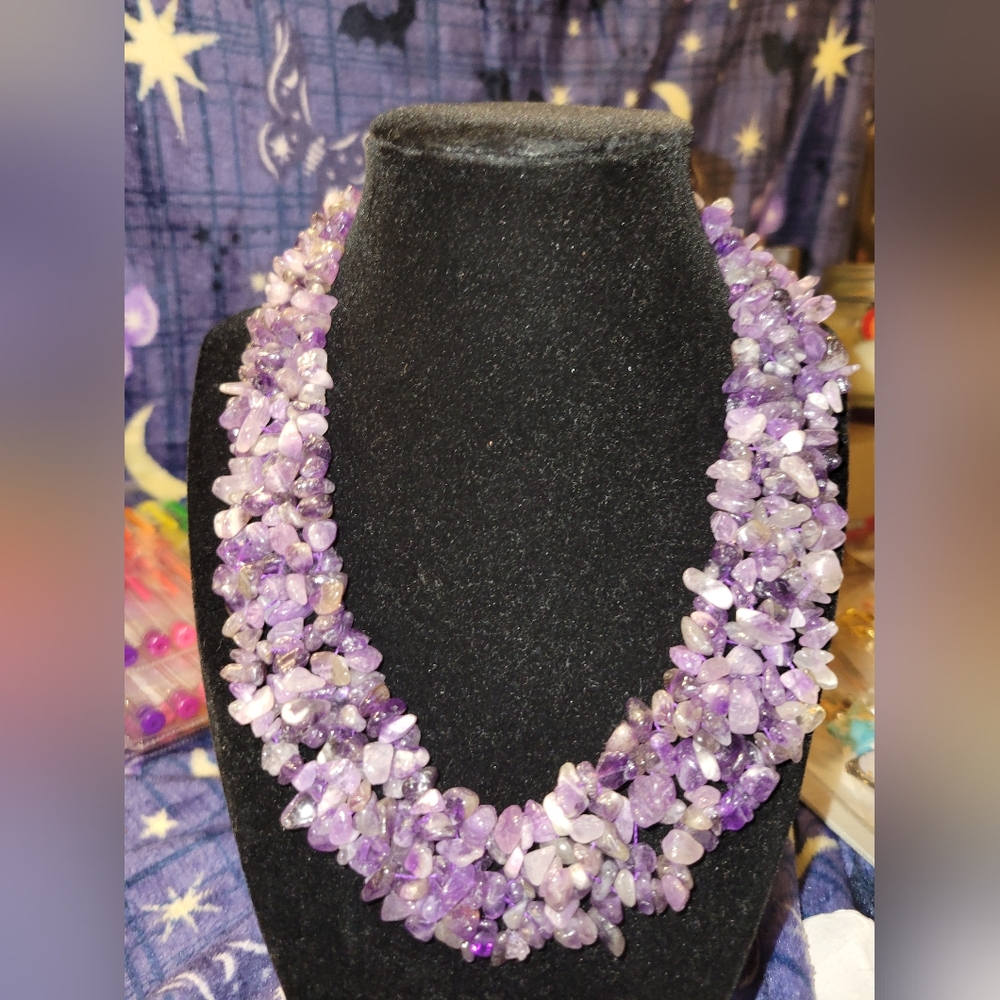 Amethyst Chip Cluster Necklace W/ Sterling Silver Clasp - Picture 3 of 7